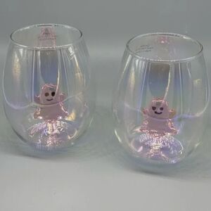 2 Pink FLOATING GHOST Hand Blown 3D Whimsical HALLOWEEN Stemless WINE GLASS Set